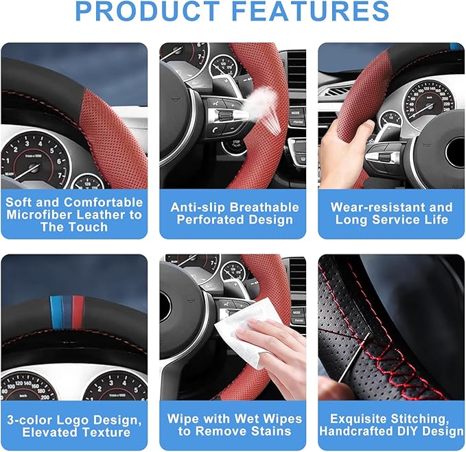 Microfiber Leather DIY Steering Wheel Cover for BMW X5 X2 M F85 X6 M F86 M Sport F30 F33 M3 F80 M4 M5 F82 M2 F87 M6 F12 F13 Accessories, Hand Stitched Full Wrap Steering Wheel Protector (Red)