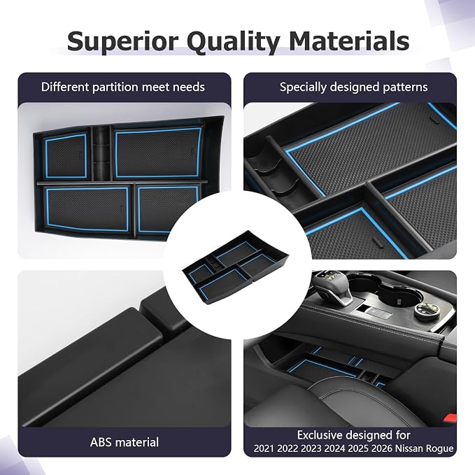 LUWU 2025 2026 Rogue Lower Center Console Tray Storage Box for 2021 2022 2023 2024 2025 2026 N issan Rogue Accessories Armrest Console Organizer ABS Material Blue-trim