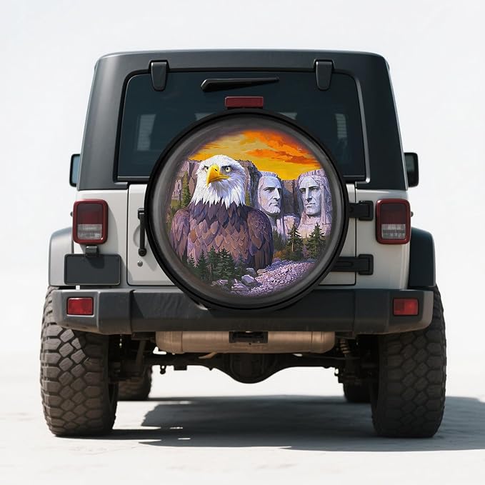 Spare Tire Cover for RV Trailer with American Eagle President Mountain Stone Statue, Waterproof PVC Leather for Truck SUV Wrangler Camper Vehicle Wheel Cover Waterproof Sun Dust Protection 14 inch