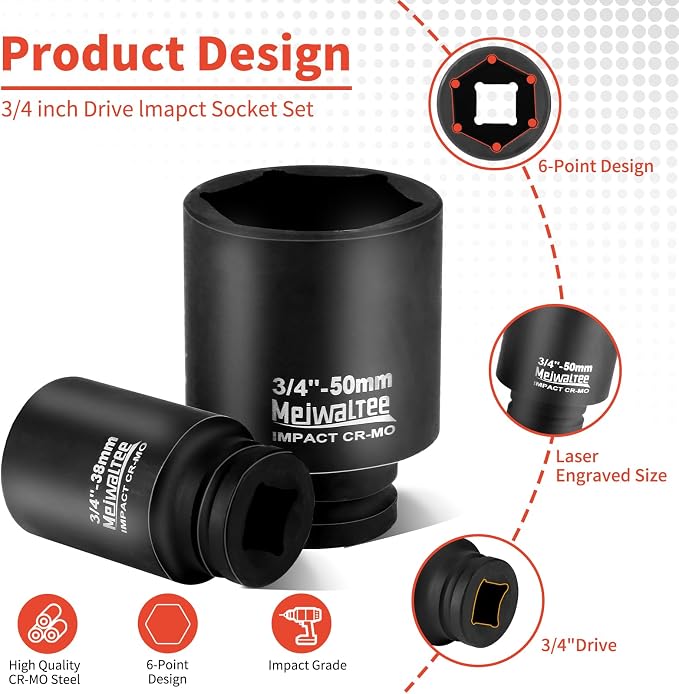 3/4" Drive Metric Deep Impact Socket Set, 17 Piece Jumbo Socket Assortment Size: 17MM - 38MM, 6-Point Design, Include 1/2" F to 3/4" M Adapter, 4", 8" Extension Bars, CR-MO Steel