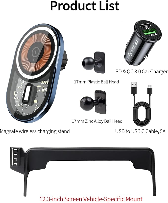 Wireless Charging Car Phone Holder for Nissan Armada 2021-2024 / Infiniti QX80 2022-2024, 12.3" Screen Fixed Clip, 360° Rotation Car Phone Mount Compatible with MagSafe