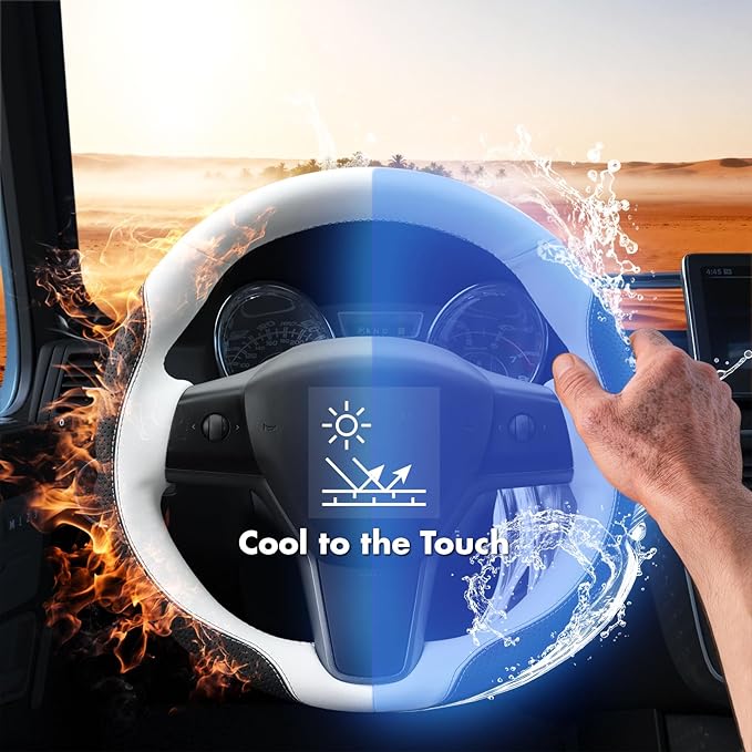 MEWANT Hand Stitched Steering Wheel Cover for Tesla Model 3 2017-2023 Model Y 2020-2023 Black White Microfiber Leather Custom Fit DIY Wrap Interior Accessories