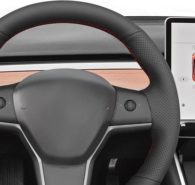 MEWANT Hand Stitch Steering Wheel Cover for Tesla Model Y 2020-2023 Model 3 2017-2023 Made of Black Genuine Leather
