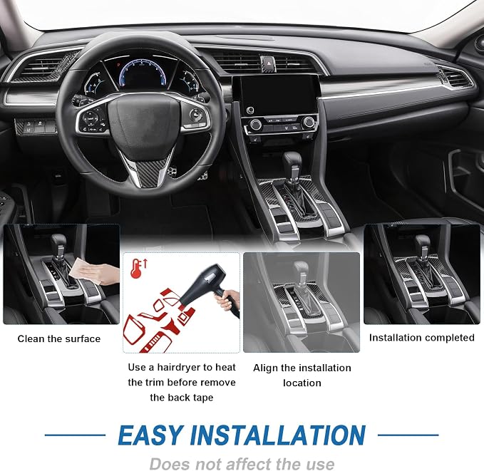 9PCS Real Carbon Fiber Interior Trim Kit Compatible with 2016-2021 10th Gen Honda Civic, Interior Decor Sticker Accessories for Gear Shift Panel, AC Air Vent, Hazard Light Panel