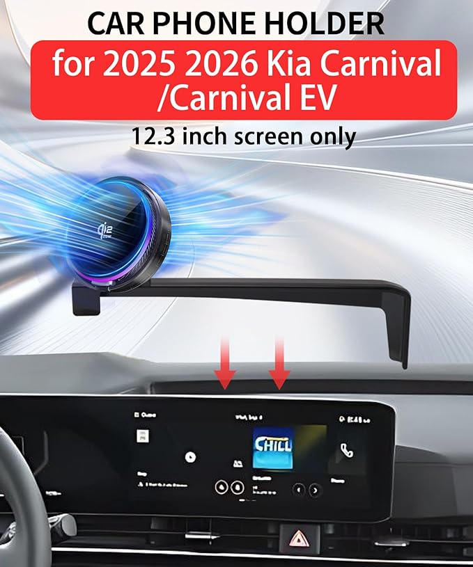 Qi2.2 25W Magnetic Car Mount Charger for 2025 2026 KIA Carnival/Carnival EV Accessories, for Fast Charging Cell Phone Holder 12.3 Inch Screen Fixed Clip with Cooling Fan＆54W Fast Adapter