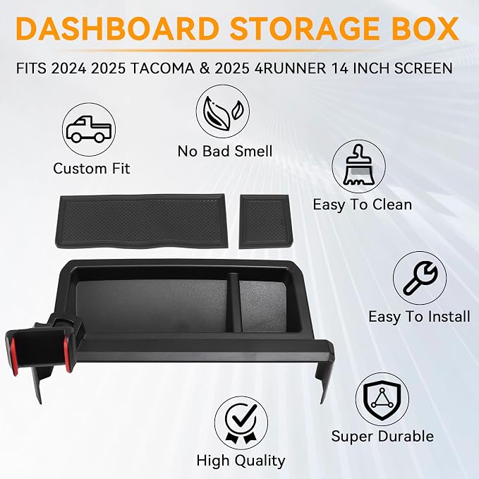 Phone Holder Dash Organizer Fit for Toyota Tacoma 2024-2026 | Fit for 4Runner 14 in screen, 360 Degree rotation phone mount, dashboard screen storage tray
