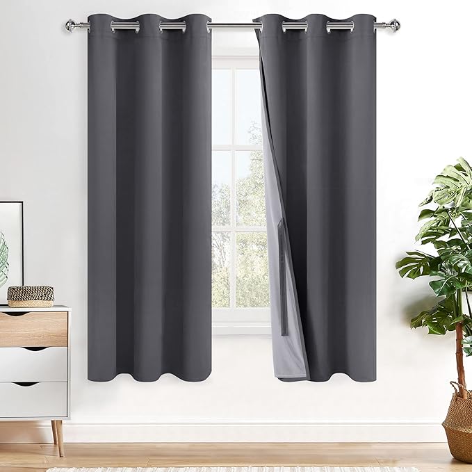 XWZO Full Shaded Blackout Curtains 63 Inches Long with Tiebacks- Heat and Light Blocking Ring Top Window Drapes with Black Liner Backing for Bedroom/Kid's Room, Dark Grey, W38 x L63, Set of 2 Panels