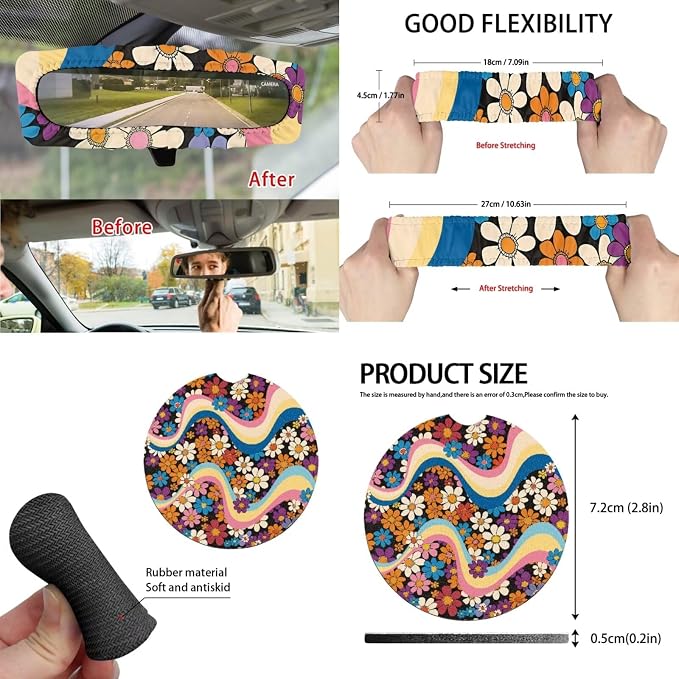 Hippie Flower 15 Pack Car Seat Cover Full Set with Car Steering Wheel Cover Auto Seat Belt Pads Cup Coaster Trash Can Rear View Mirror Cover Coasters Keychain