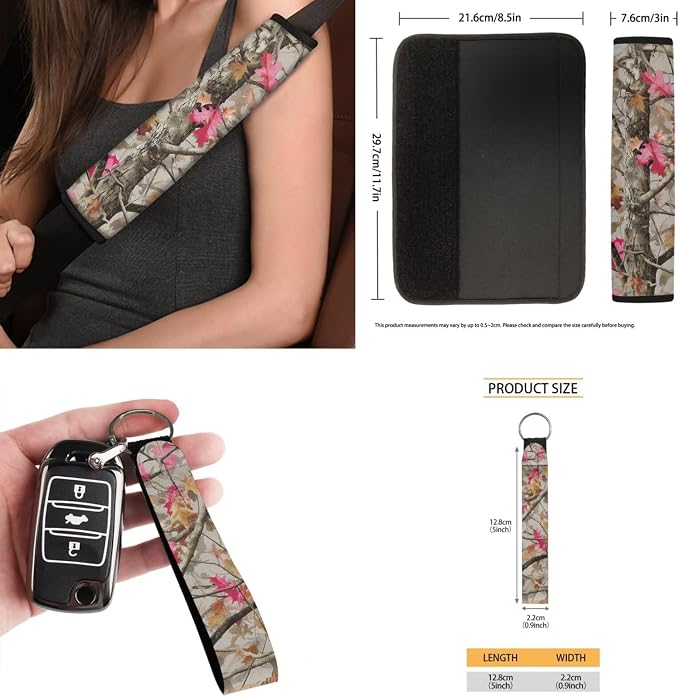 Camo Maple Leaf Car Seat Covers Set of 15 with Universal Steering Wheel Cover, Rearview Mirror Cover, Car Trash Can, Seatbelt Pads, Cup Holder Coasters, Keychains