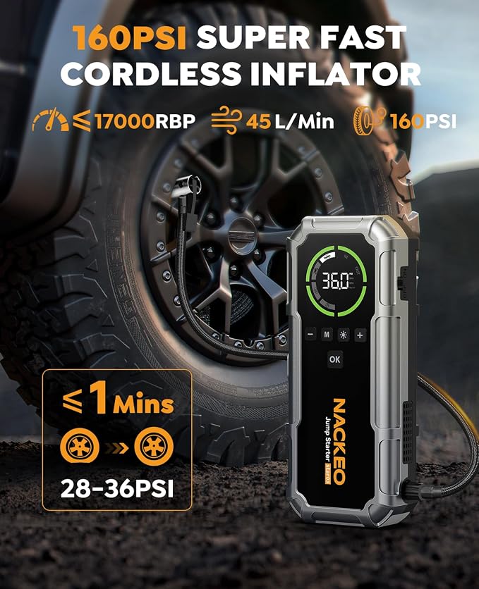 Car Battery Jump Starter with Air Compressor 8000A 160PSI, Car Jumper Starter Portable (All Gas/10L Diesel), Jump Starter Jump Box with Jumper Cables, LED Light, Large LCD Display, Power Bank