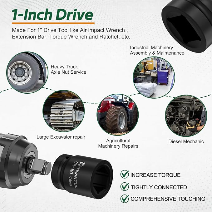 46mm Impact Socket 1-Inch Drive, 6 Point Design,CR-MO Heavy Duty Metric Socket for High Torque Impact Wrench, Large Socket for Semi Truck Axle Nuts, Diesel Mechanic & Heavy Equipment