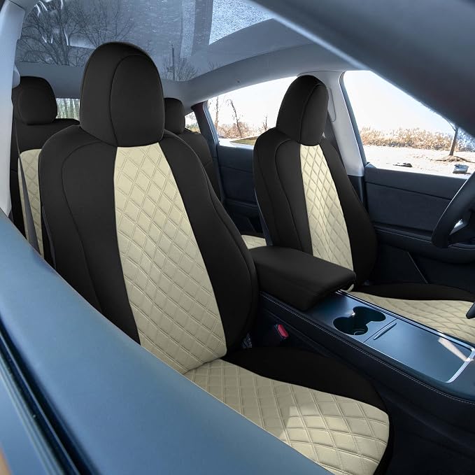 FH Group Custom Fit Car Seat Covers Specifically Made for 2020-2025 Tesla Model Y Ultraflex Neoprene Water Resistant Automotive Seat Covers - Full Set Beige