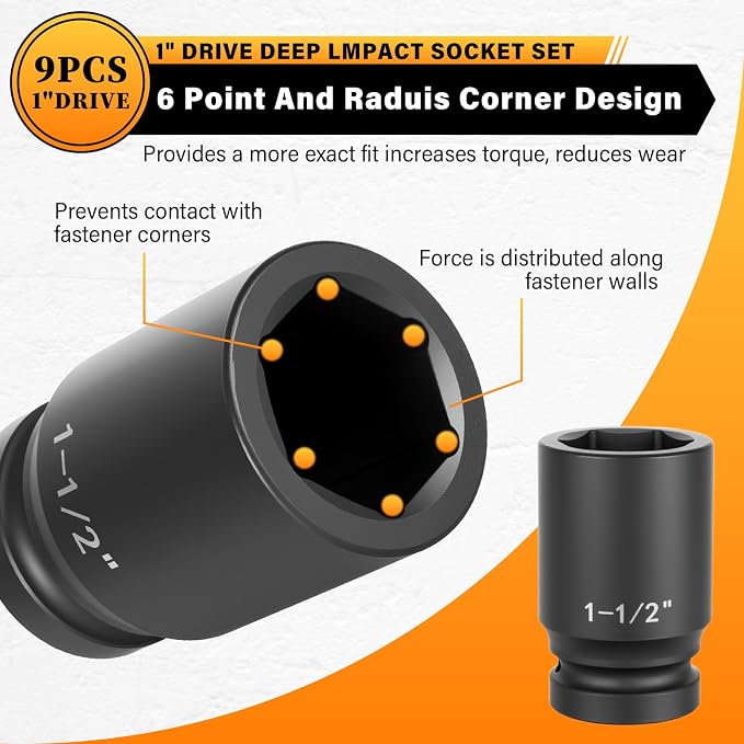 1" Drive Jumbo Impact Socket Set,9 PCS SAE (1",1-1/8",1-1/4",1-3/8",1-1/2",1-5/8",1-3/4",1-7/8",2") Universal Hex Deep Socket Combination,CR-MO Alloy Steel,Heavy Duty Storage Case