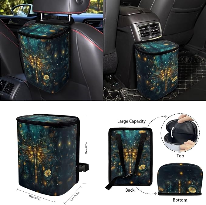 Green Dragonfly Car Seat Covers Full Set for Women,Turtle Steering Wheel Cover Seat Belt Cover Pad Cup Car Coasters Trash Can Car Headrest Pillow Covers Armrest Pad,15 Pcs Set