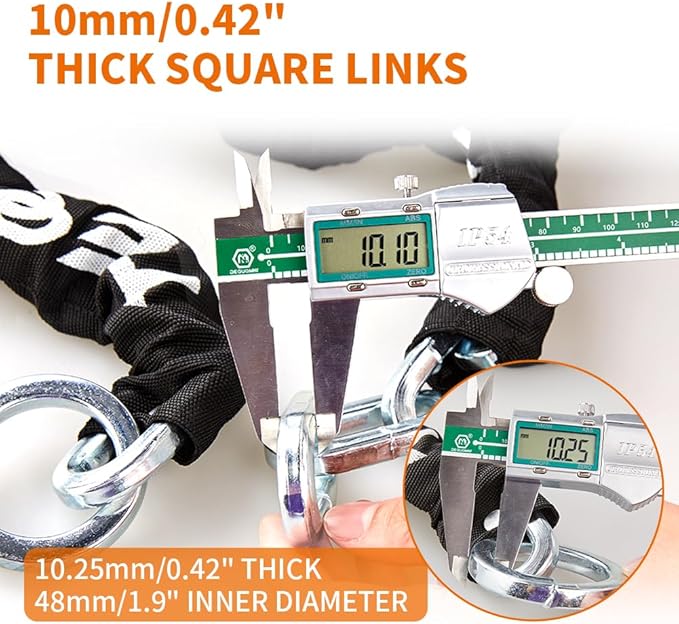 Heavy Duty Anti-Theft Motorcycle Chain Lock - 3ft/90cm Long, 10mm Thick Chain with Bright-Colored Lock, 4 Keys for Bicycle, Scooter (5.95lbs)