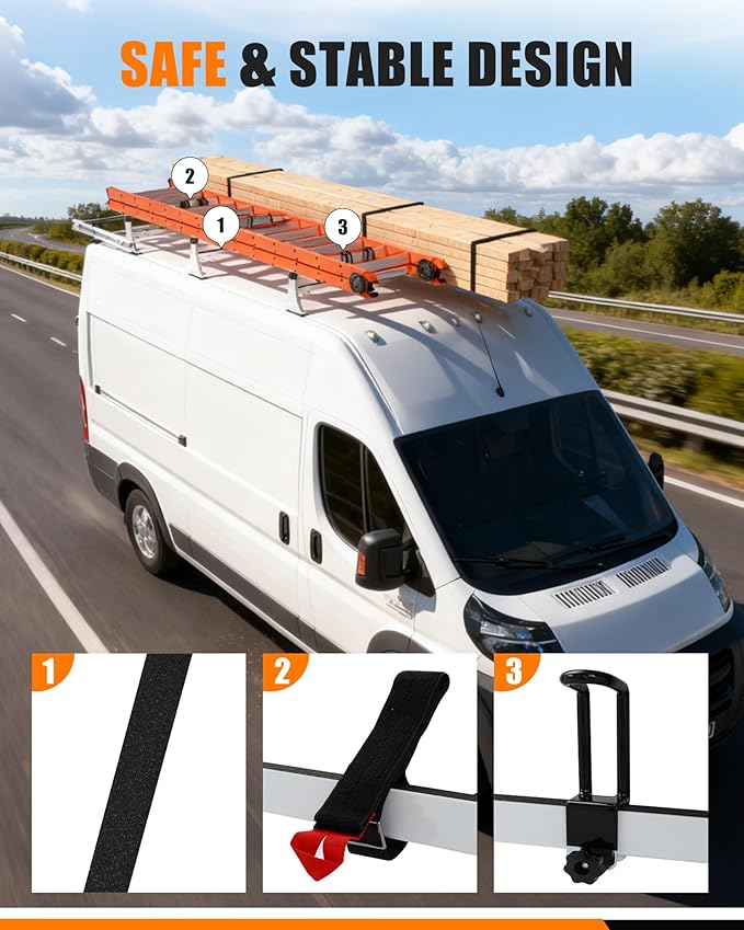 MELIPRON Van Roof Ladder Rack with Rear Roller Fits for 2013-2025 RAM ProMaster, Steel Cargo Van Rack with Anti-Rust Coating, Ideal for Transporting Ladders, Pipes