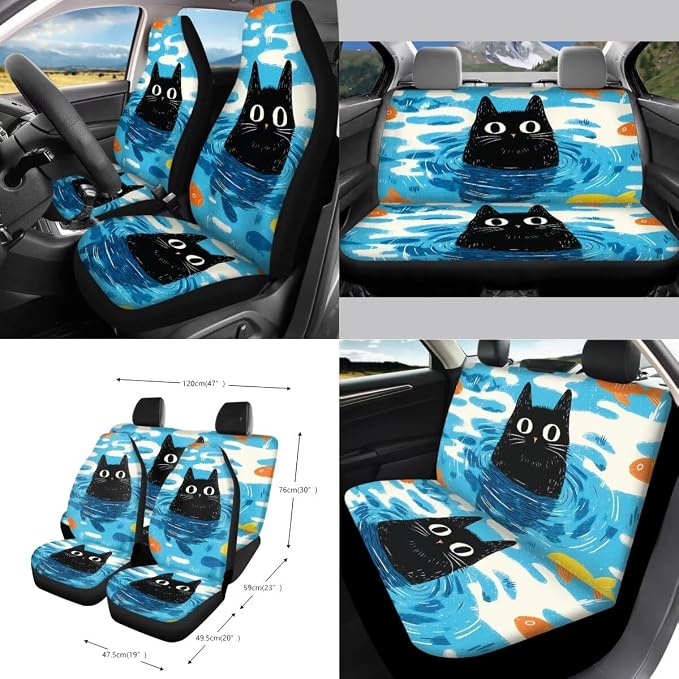 Cartoon Cat Print Car Front Back Seat Covers Set of 15 Steering Wheel Covers Trash Cans Air Vent Storage Bag Seatbelt Strap Cover Rear View Mirror Covers Cup Coasters Keychain