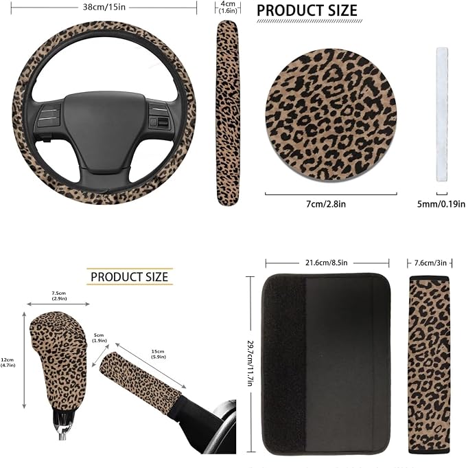 Tupalatus Leopard Universal Auto Accessories for Women,9 PCS Car Seat Covers Gear Shift Knob Cover+Car Handbrake Brake Cover+Seat Belt Shoulder Pads+Car Coaster+Steering Wheel Cover
