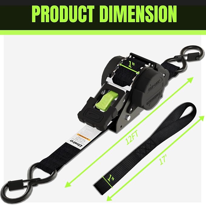 Retractable Ratchet Straps, 4-Pack, 1 Inch x 12 Feet Heavy Duty Tie Downs, 1760lb Break Strength, Self Retracting for Truck, Cargo, Trailer, Motorcycle, ATV, UTV (Black-Green, 4pack)