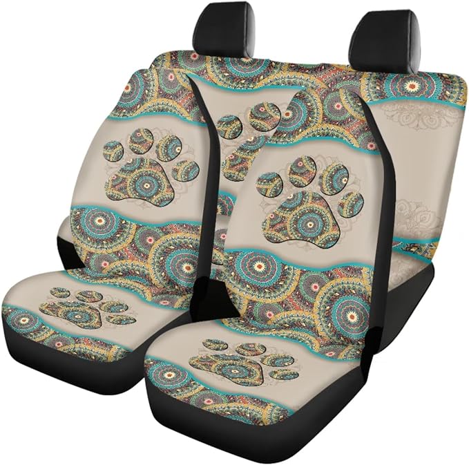 Aztec Tribal Dog Paw Car Seat Covers Front Back Seat Protection 12 Pack Set of Vehicle Interior Seat Mat Boho Pet Paw Auto Steering Wheel Cover Seat Belt Keys Ring,Universal Fit Cars,Truck,SUV