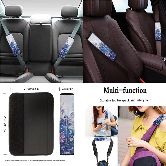 Xoenoiee Dragonfly Beautiful Flowers Print 11 Pieces Car Seat Covers Interior Accessories Set Universal Fit with Steering Wheel Cover, Seat Belt Pads, Keychain, Cup Coasters