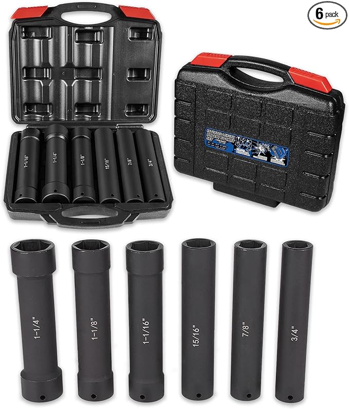 1/2 Inch Drive Extended Length Impact Socket Set 6 Sizes - Hex Sizes 3/4", 7/8", 15/16", 1-1/16”, 1-1/8", 1-1/4"Extra-Deep Length Extra-Deep Impact Set Heavy Duty with Case