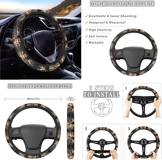 Deer American Flag Pattern Car Accessories Set of 10, Anti Slip Front/Back Bench Bucket Seat Cover, Steering Wheel Cover, Car Trash Can, Cup Coasters, Keychain, Air Vent Pocket Bag