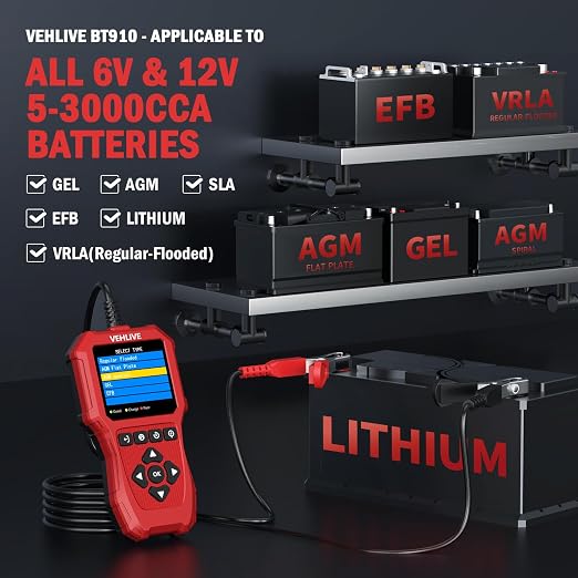Car Battery Tester 6V 12V with Lithium Battery Testing, VEHLIVE BT910 5-3000CCA Battery Load Tester, Automotive Alternator Tester Charging Cranking System Tester for Car Truck Motorcycle SUV ATV Boat