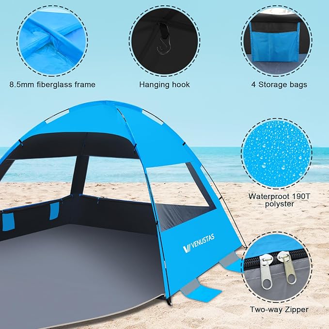 Venustas Beach Tent Sun Shelter for 3/4/6/8 Person, UPF 50+ UV Protection Beach Canopy, Lightweight and Easy Setup Cabana, Portable Shade Tent