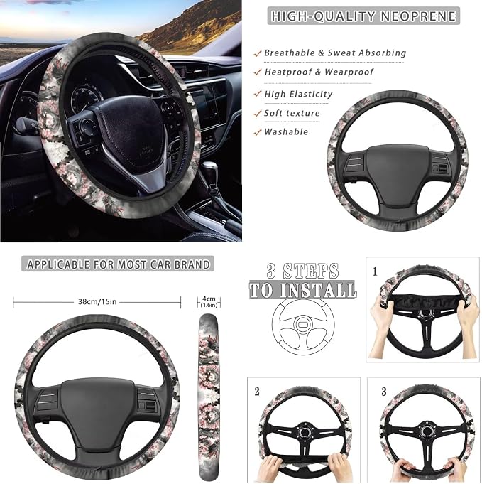 Xoenoiee Cool Dragon Cherry Blossom Print Car Seat Covers and Accessories, Front Rear Seat Covers, Steering Wheel Cover, Seat Belt Pads, Coasters, Keychains for Car SUV Decor, 11 PCS Set