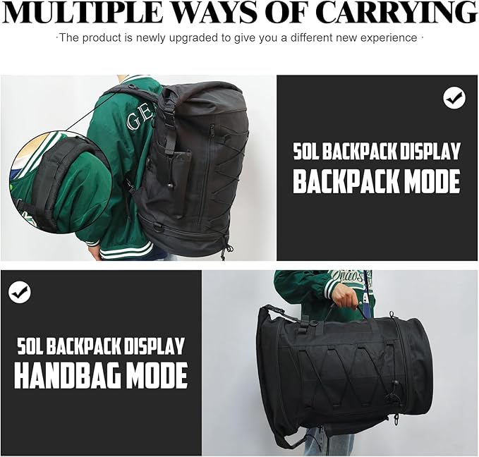 Motorcycle Sissy Bar Backrest Bag Travel Luggage Bag Large Capacity Duffle Bag Expandable 50L-80L Gear Tail Bag with Rain Cover&Shoulder Strap Universal Fit For Harley Yamaha Suzuki