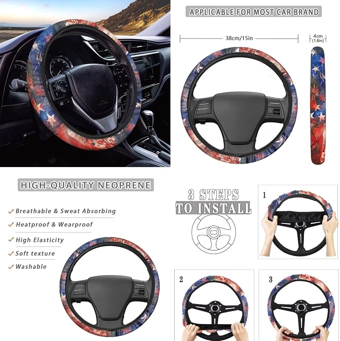 Eagle American Flag Car Seat Cover Full Set with Car Steering Wheel Cover Shoulder Pads Center Console Pad Patriotic Decorations 8 Pcs Auto Interior Accessories