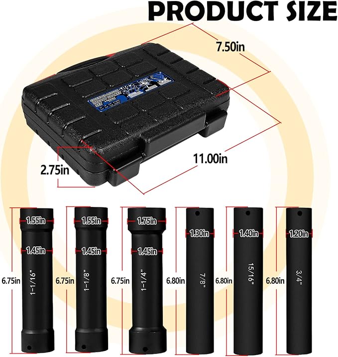 1/2 Inch Drive Extended Length Impact Socket Set 6 Sizes - Hex Sizes 3/4", 7/8", 15/16", 1-1/16”, 1-1/8", 1-1/4"Extra-Deep Length Extra-Deep Impact Set Heavy Duty with Case