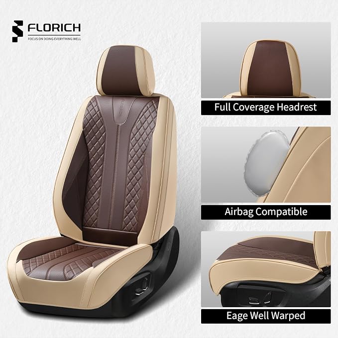 FLORICH Front Seat Covers 2 Pieces Universal Seat Cover for Cars Breathable Leather Waterproof Car Seat Cover Driver Seat Cover Automotive Car Seat Cushion Fit for Most Cars SUV Trucks, Beige&Coffee