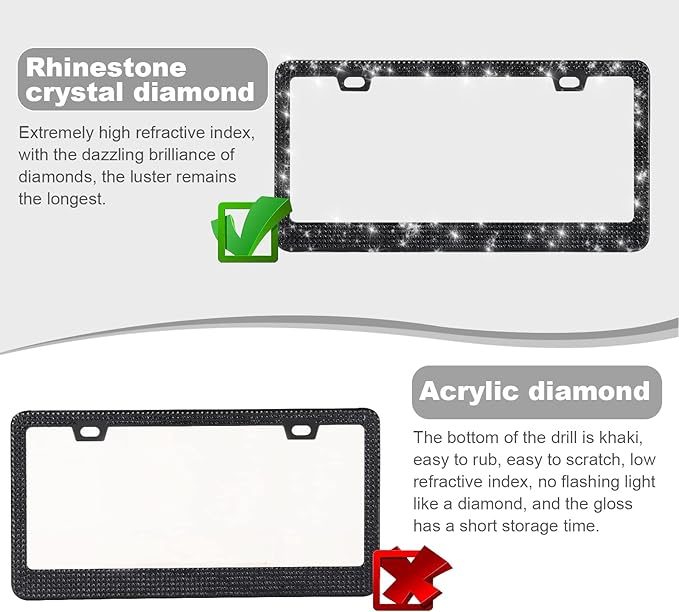 QUANQIUFEI Bling License Plate Frames for Women, Sparkly Rhinestone Diamond Car Accessories with Glitter Crystal Caps (1 Pack Black)