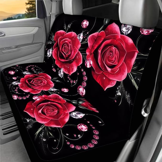 18 Pieces Car Seat Covers Full Sets Red Rose Car Accessories Set with Red Rose Steering Wheel Cover Auto Trash Can for Women Car Headrest Covers Belt Pads Cover Romantic Auto Armrest Pad