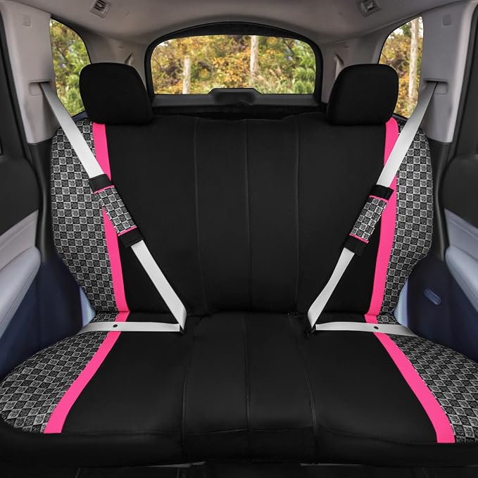 We Are Young Life is Fun™ Checker Car Seat Covers Universal Fit Interior Accessories Full Set Pink Seat Cover Combo Steering Wheel Cover and Seat Belt Pads, Airbag and Split Rear Car Seat Covers