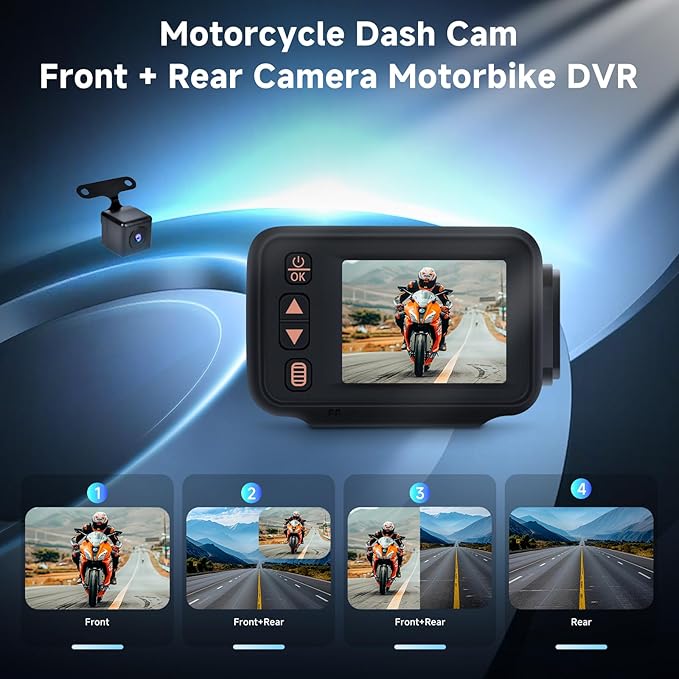 METEESER Motorcycle Front and Rear Dash Cam,2inch Touch Screen,1080P Motorbike Camera DVR Dashcam,G-Sensor,GPS,Loop Recording,DVR Waterproof,Wide Angle,Bluetooth5.0,32G TF,Dual Lens,Parking Monitor