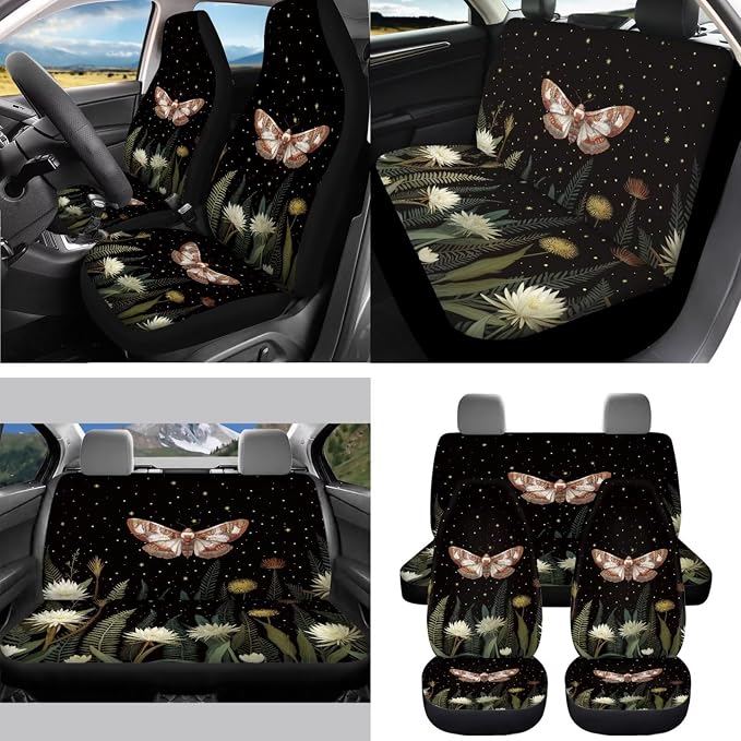 Teal Moth Moon Car Seat Covers Full Set 15 Pcs Universal Car Accessories Steering Wheel Cover Seat Belt Pads Garbage Bag Car Headrest Pillow Covers Armrest Pad