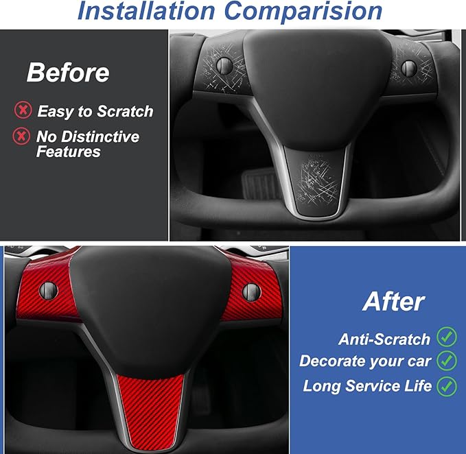 T-carbon Real Glass Fiber Steering Wheel Trim Cover Compatible with Tesla Model 3 2017-2023, Model Y 2020-2025 Steering Wheel Wrap Interior Decorative Accessories, Red