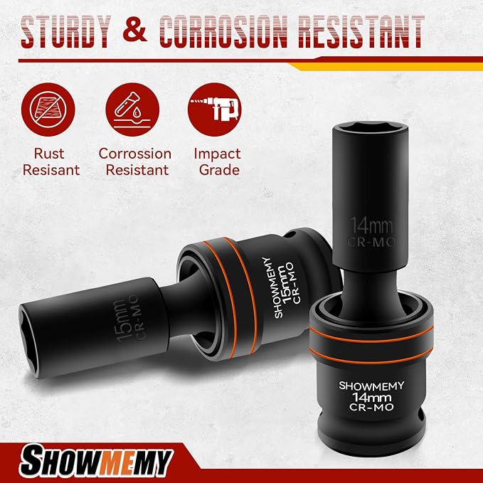 Drive Impact Universal Joint Socket Set, 6 Points, Deep Swivel Socket Set, Cr-Mo Steel. Heavy Duty Storage Case (Metric 3/8(Deep 10Pcs)