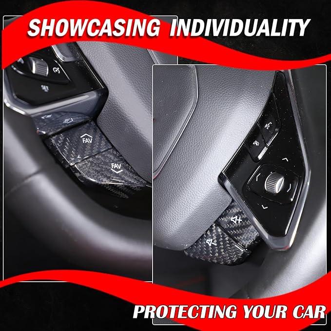 Dry Carbon Fiber Central Control Steering Volume Button Cover Compatible with Corvette C8 2020-2025 Accessories 4Pcs Center Consoles Steering Button Panel Sticker Decorative Interior Trim (Black)