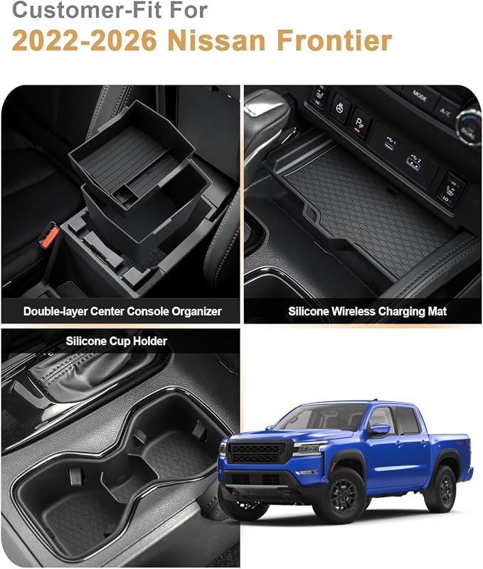 Center Console Organizer Set For 2022-2026 Nissan Frontier - 3 Pcs Armrest Box Storage Tray + Middle Console Organizer + TPE Cup Holder Insert For 2022-2026 Frontier Accessories - Solid ABS No-Slip