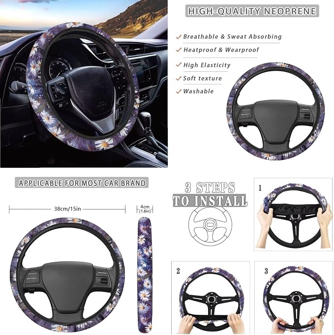 Suobstales Hummingbird Daisy Lavender Print Car Seat Covers Front Back Split Bench Protector for SUV Truck Van, 15 Inch Steering Wheel Covers, Seat Belt Covers, Coasters, Keychain for Women Men