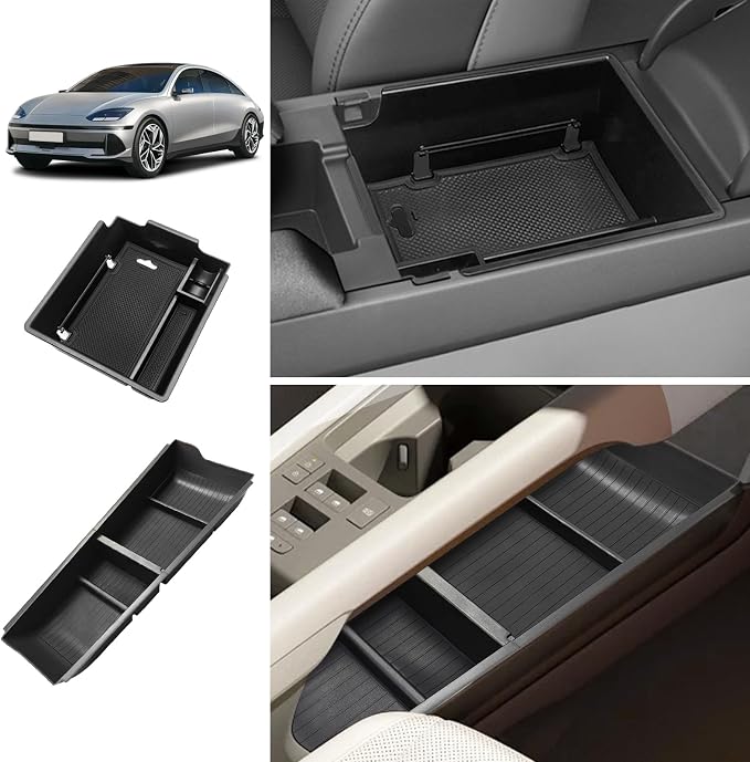 BestEvMod for Ioniq6 Armrest Storage Box and Lower Center Console Organizer Tray 2PCS with Rubber Black Trim Compatible with Hyundai Ioniq 6 SE SEL Limited 2026 2025 2024 2023 Accessories (2PCS)