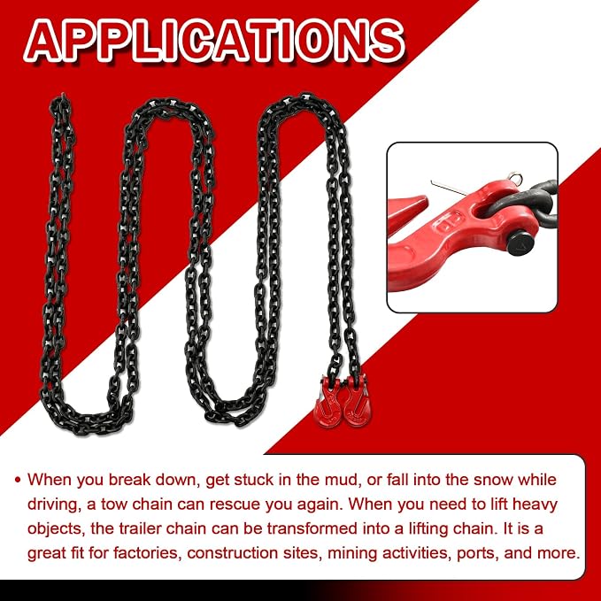 Heavy Duty G80 Transport Binder Chain 1/4'' Inch x 20 Feet,Tow Chain with G70 Clevis Grab Hooks,3300 lbs Safe Working Load Logging for Transporting, Towing(1/4'' x 20FT Black)-2 Packs.