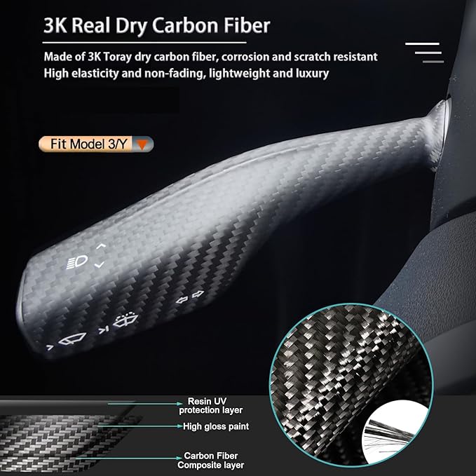 Fit Tesla Model 3 Y Carbon Fiber Steering Wheel Column Gear Shift Cover Real 3K240G Gear Lever Wrap Decoration Interior Accessories 2Pcs (Matte Carbon Fiber)