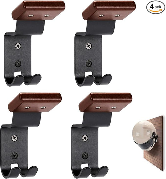 Motorcycle Helmet Holder Wall Mount - Solid Wood & Steel Gear Organizer Rack with 2 Hooks, Heavy Duty Display Hanger for Helmets, Football Gear, Ski Equipment, Hats, Jackets - 4 Pcs
