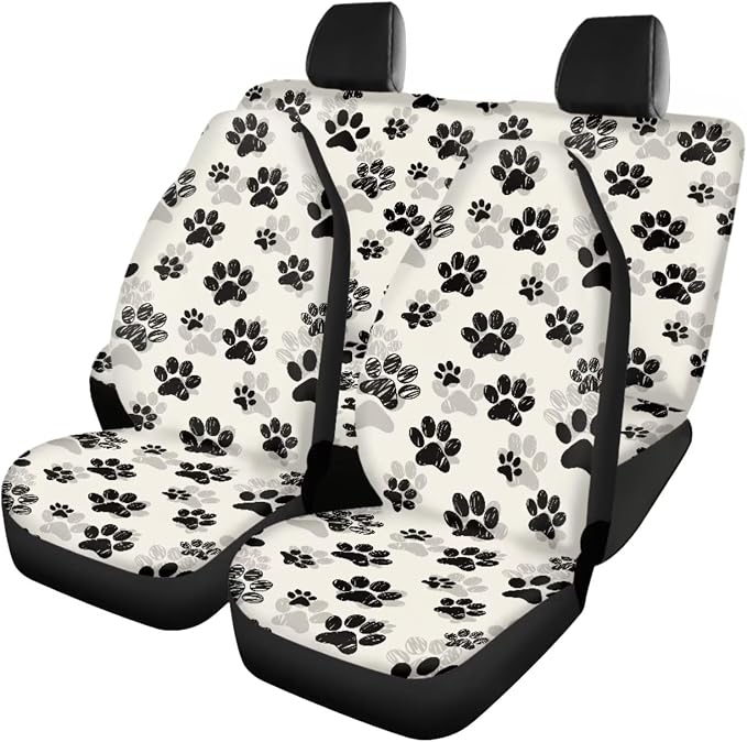 Dog Paw Print Car Seat Cover Full Set with Steering Wheel Cover Floor Mats Armrest Pad Seat Belt Pads Roof Handle Wraps Cup Coaster Keychain Automotive Interior Accessories Set of 18