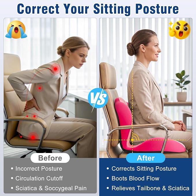 Car Seat Cushion with Lumbar Support Pillow, Memory Foam Office Chair Cushion for Back Pain Sciatica Pain Relief, Ergonomic L-Shaped Seat Cushion for Car Truck Driving Office Chair Home (Pink)